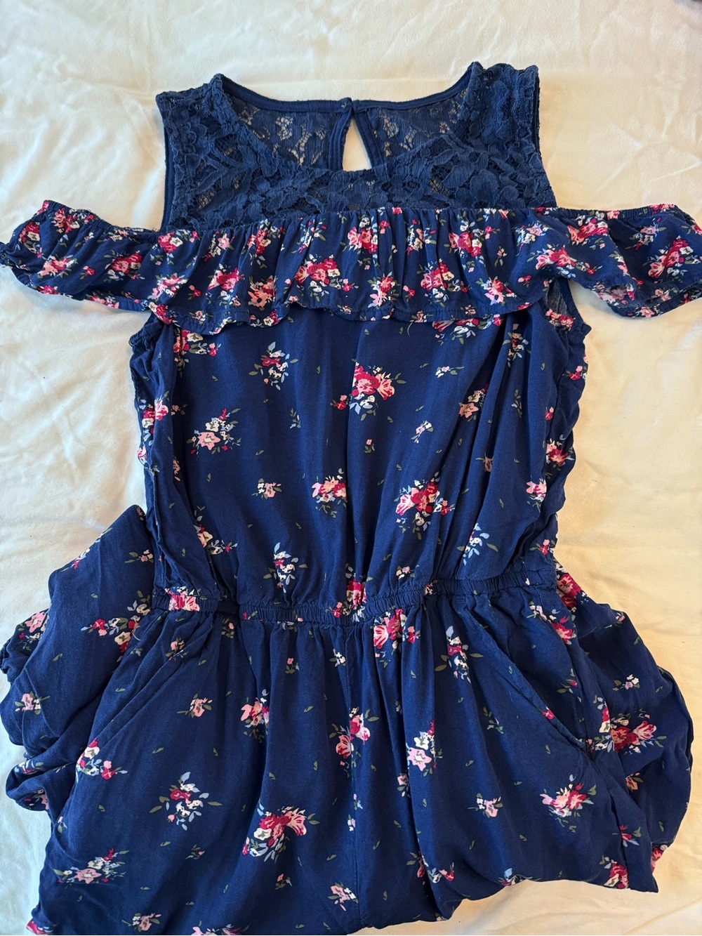 Epic Threads Girls Floral Cold Shoulder Jumpsuit Navy Blue Lace Romper Size Larg